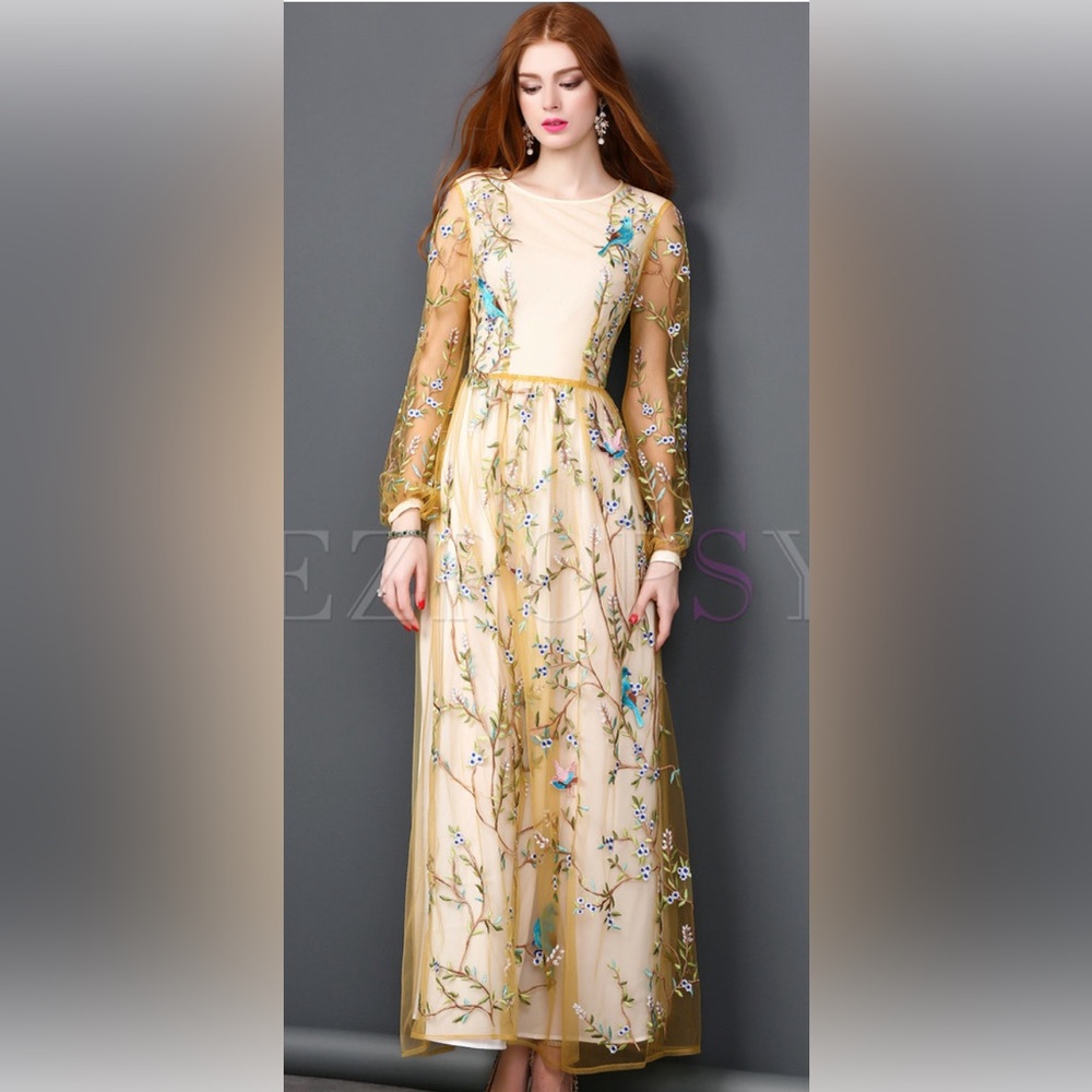 Stunning Tulle embroidered dress size XS Asian S birds and flowers